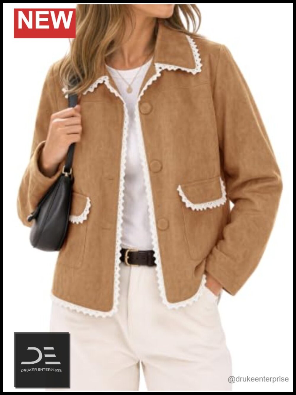 Faux Suede Leather Jacket Button Down Crochet Trim Casual Coat